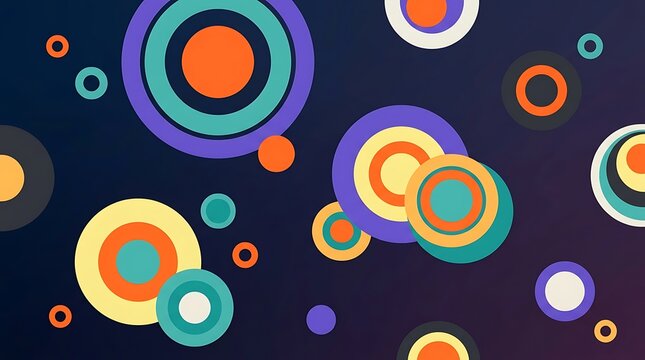 Abstract background featuring colorful concentric circles and geometric rings floating on a dark blue textured surface