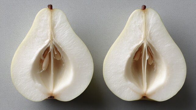 A sliced pear with a stem on top.