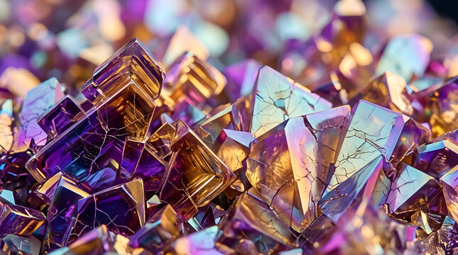 Macro shot of iridescent bismuth crystals with geometric purple and gold metallic structures