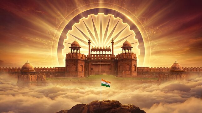 Majestic red fort in delhi with indian flag and ashoka chakra in the background, symbolizing indian independence day and republic day celebration