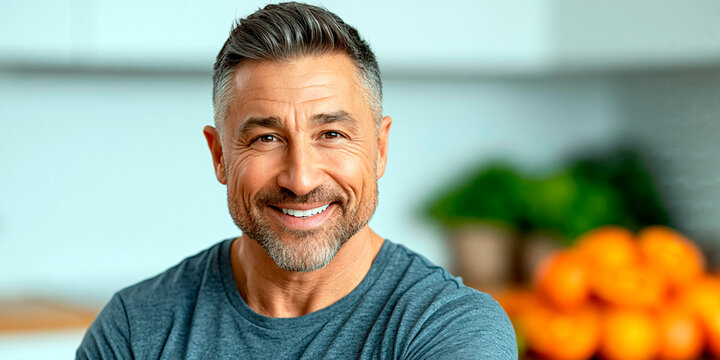 Mature man with short gray hair and beard smiling at camera in a close-up portrait indoors with a confident friendly expression