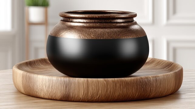 A black and copper vase sits on a wooden tray.