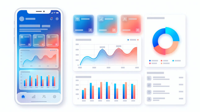 Mobile app user interface dashboard kit featuring glassmorphism design widgets financial line charts bar graphs and pie charts mockup.