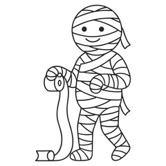 Obraz premium cartoon mummy character wrapped in bandages holding a roll of toilet paper on transparent background