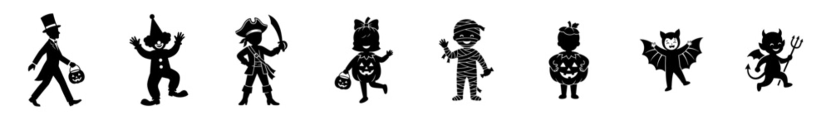 silhouettes of children in halloween costumes vector illustration on transparent background