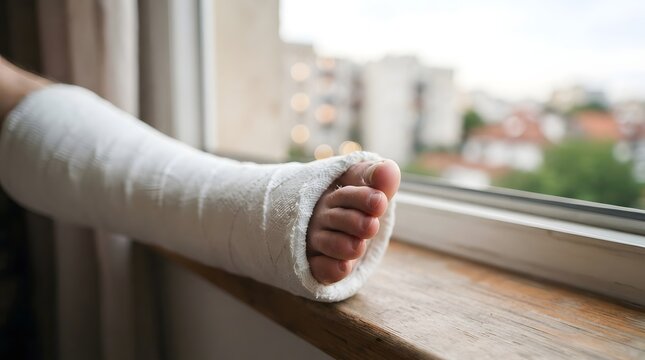 Broken Leg in Plaster Cast Resting on Windowsill Close Up