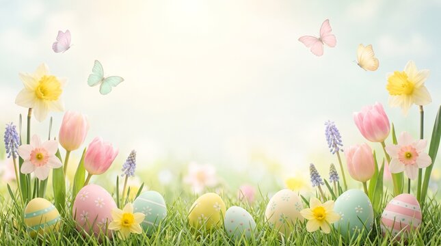 Spring meadow background with pastel Easter eggs, blooming tulips, daffodils, and butterflies