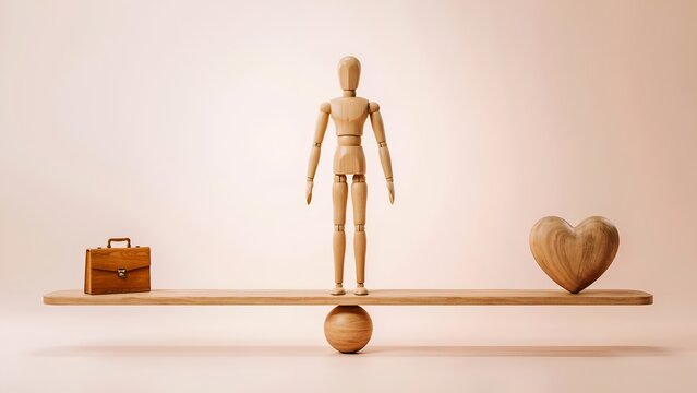 Wooden mannequin standing on a balance scale between a briefcase and a heart symbol, representing the concept of worklife balance