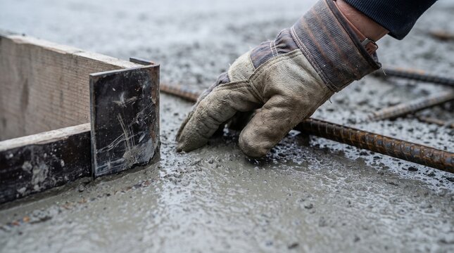 Gloved hand checks low carbon concrete texture and aggregate