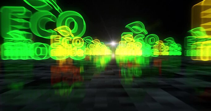 Eco mode and ecology friendly symbol abstract cyber concept. Digital technology and computer background seamless and looped 3d animation.