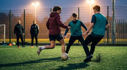 Fototapeta premium Young players contest the ball under neighborhood floodlights