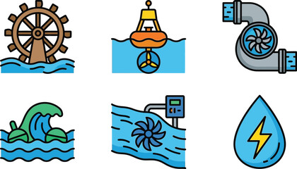 Fototapeta premium Set of renewable energy icons representing water power and hydroelectricity flat vector illustrations for web and infographic design