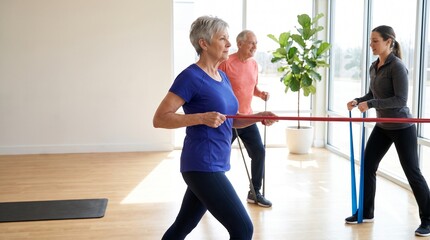 Fototapeta premium Older adults begin a guided resistance training session