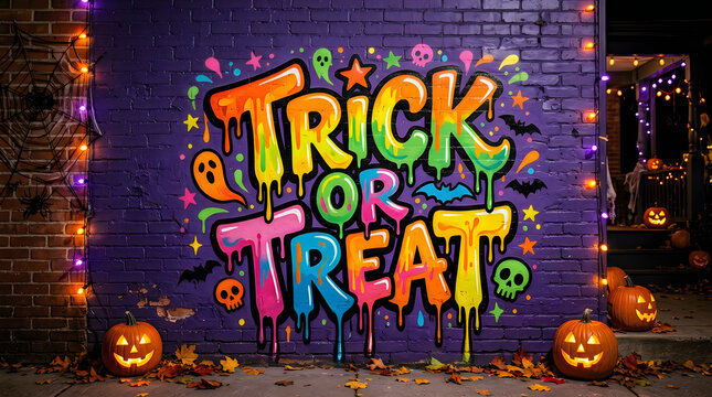Halloween trick or treat celebration with glowing jack-o-lanterns. 