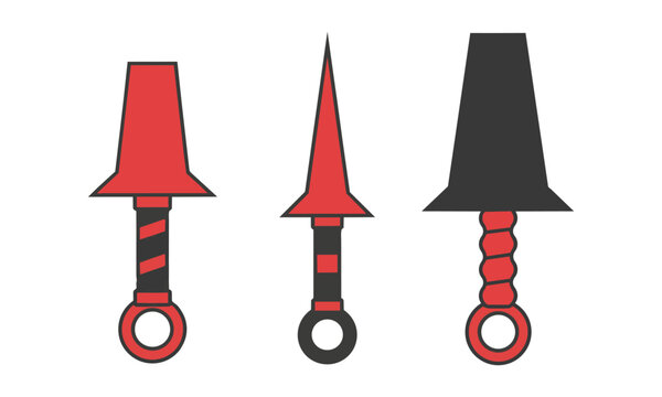 Three stylized kunai daggers with wrapped handles and ring pommels arranged in a row with bold red and black colors on a white background weapon design concept