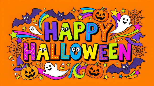 Halloween party celebration with colorful festive banner. 