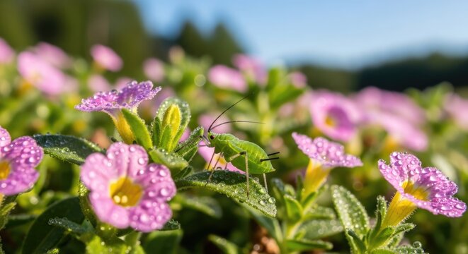 Close-up of small pink wildflowers blooming under bright sunlight in a lush garden, showcasing fresh petals, green foliage, and a peaceful natural spring landscape