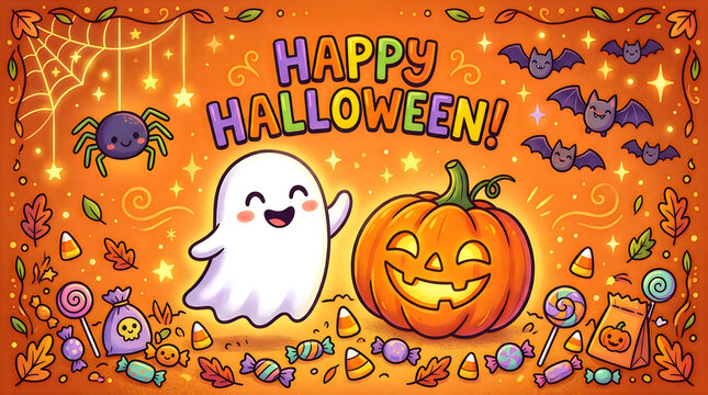Happy Halloween celebration with friendly ghost and jack-o'-lantern. 