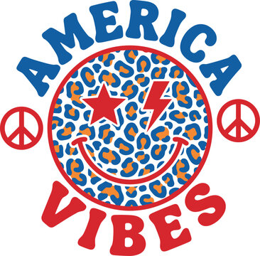 America Vibes graphic flat vector illustration with leopard print smiley face, peace symbols, patriotic colors,