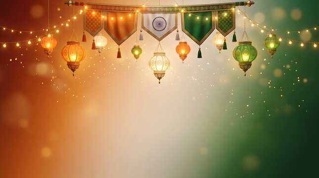 Indian Independence Day Festive Background with Bunting and Lanterns