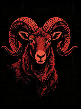 A striking and aggressive graphic illustration representing the Aries zodiac sign. The artwork features a detailed portrait of a majestic red ram with large, spiraling curved horns set against a solid