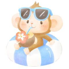 Hand-drawn monkey drinking coconut juice on a swim ring © Kulumi