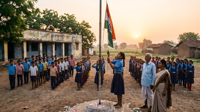 Indian School Children Saluting National Flag at Sunrise in Rural Village
