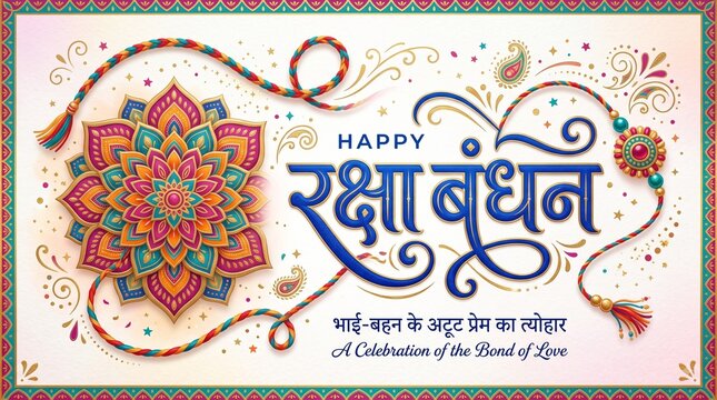 Happy Raksha Bandhan Hindi Calligraphy Design Template with Rakhi Illustration