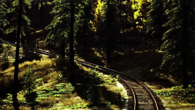 Golden light railway slicing through tall pine trunks, long shadows and textured ground, mossy sleepers and weathered rails create atmospheric cinematic frame