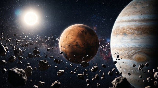 A majestic ringed planet dominates a vibrant asteroid field in the vast expanse of deep space. astroid belt