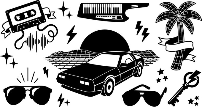Synthwave Retrowave Retro 1980s Culture Vector Illustration Set with Sports Car, Keytar, Audio Cassette Tape, Sunglasses, Palm Tree, and Grid Landscape Silhouette Designs