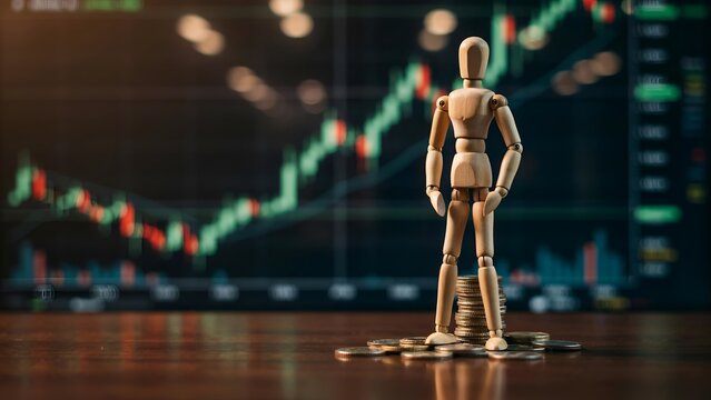 Wooden mannequin standing on a stack of coins against a background of a financial stock market chart