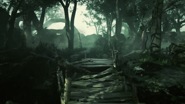 A dimly lit pathway winds through an eerie forest, surrounded by twisted trees and shadows. Remnants of an ancient structure peek through the fog, evoking curiosity and mystery.