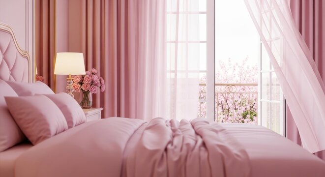Pink luxury bedroom interior with flowers and window