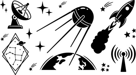 Retro Space Exploration Vector Illustration Set with Sputnik Satellite, Rocket Launch, Satellite Dish, Earth Globe, Constellation, and Radio Tower Silhouette Designs © Mstsumi