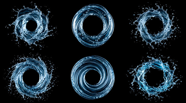 Set of water vortex splashes on black background
