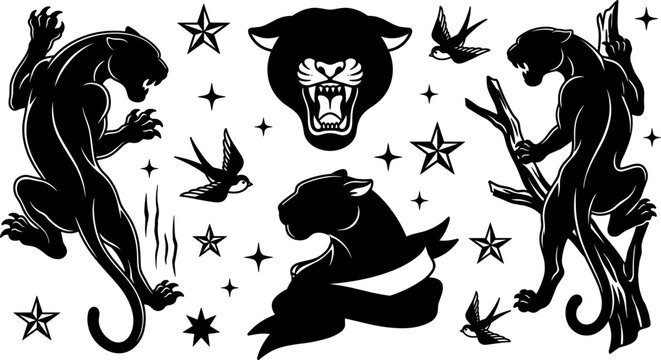 Old School Traditional Black Panther Tattoo Vector Illustration Set with Roaring Panther Heads, Crawling Cougars, Swallows, Nautical Stars, and Banner Graphic Designs