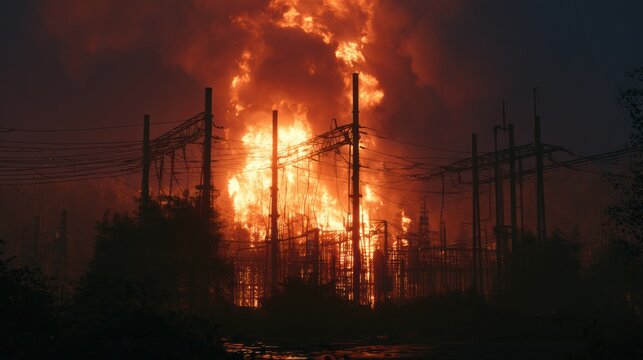 Fire engulfs a power substation causing blackout and destruction in the surrounding area, with dark skies and flames dominating the scene.