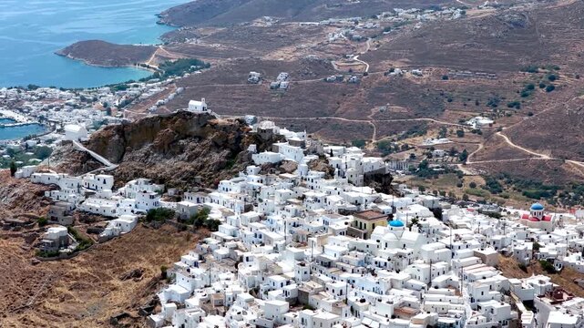 Panoramic view of the main town Hora on Serifos island, Cyclades, Greece, with the bay and port of Livadi in the background