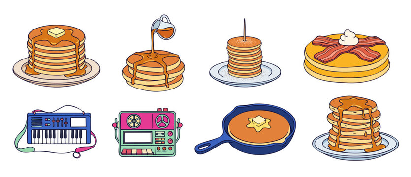 Pancake illustration set breakfast vector clip art with maple syrup butter bacon skillet retro keytar tape recorder isolated graphic elements set for food menu music theme design projects