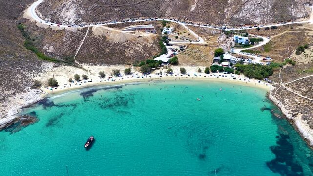 Aerial view of the popular beach Psili Ammos and Serifos island, Cyclades, Greece