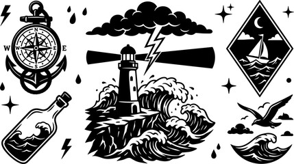 Nautical Lighthouse Vector Illustration Set with Storm Waves, Lightning Cloud, Compass Anchor, Message in a Bottle, and Sailing Ship Diamond Tattoo Designs © Mstsumi
