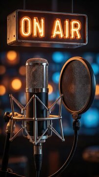 Audience reach amplify: on air signify, podcast prepare, live session, microphone ready, digital audio, studio equipment, sound wave, voice transmit.