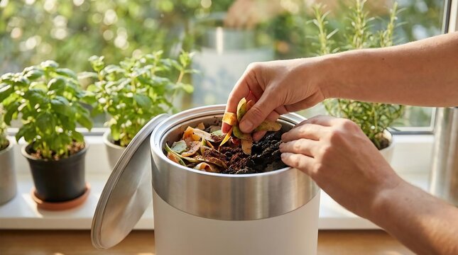 Person disposing food scraps into a modern indoor compost bin.