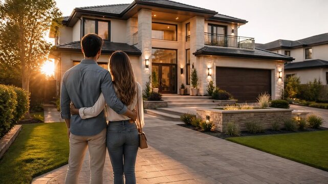 A young couple stands arm in arm, admiring their newly purchased modern luxury home during golden hour. The contemporary two-story residence features elegant architecture, landscaped gardens, and a sp