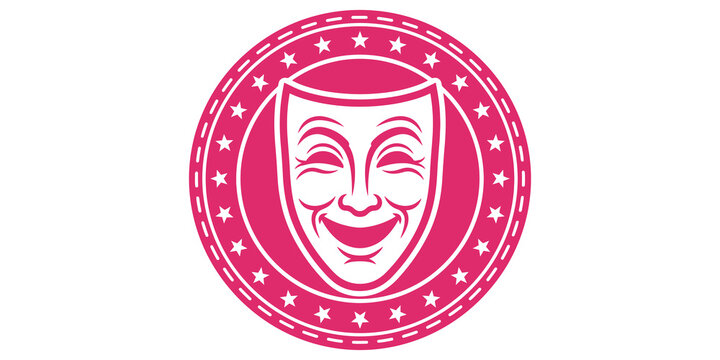 Pink theater mask emblem surrounded by circle of stars.