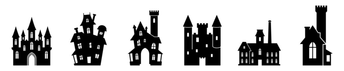 Set of six black castle silhouettes vector icons on transparent background © Наталья Перова