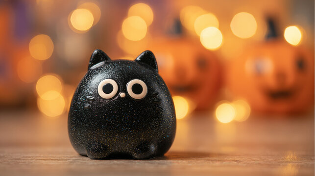 Kawaii black cat squishy toy with glossy gel and glitter round eyes on wooden stand with Halloween background copy space