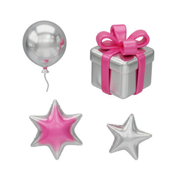 3D Party and Celebration Icons Set with Silver Balloon Gift Box and Star Balloons Illustration Isolated on a Transparent Background