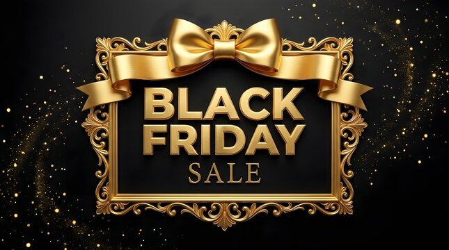 Luxury black friday sale banner with golden ornate frame and elegant ribbon on black background